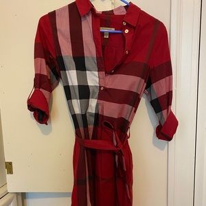 Burberry plaid belted button down dress